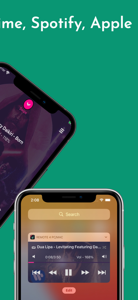 Pantallas de iPhone mostrando la interfaz del reproductor multimedia y el widget de pantalla de inicio de iOS para Remote App PRO