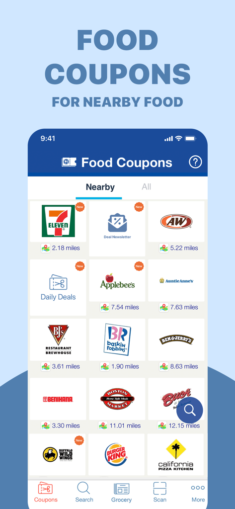 Food Coupons Deal Fast Reward - Mobile app screen showing nearby food coupons and restaurant deals for popular fast food chains.