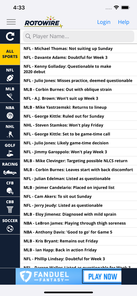 L'interface de l'application RotoWire affiche un flux d'actualités en temps réel sur les sports fantasy, avec des mises à jour sur le statut des joueurs dans plusieurs disciplines.