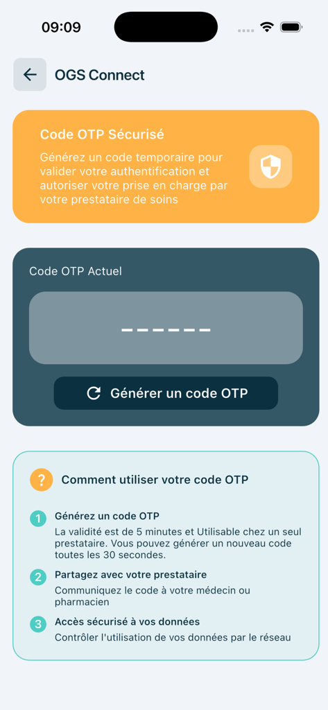 OGS Connect - Tela do aplicativo OGS Connect mostrando o processo para gerar uma senha única segura para autorização do provedor de saúde