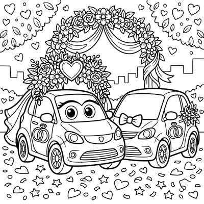 Get ready to celebrate a truly unique wedding with this adorable electric car coloring page. Adorned with flowers, veils, and bow ties, these charming vehicles are ready for their big day.