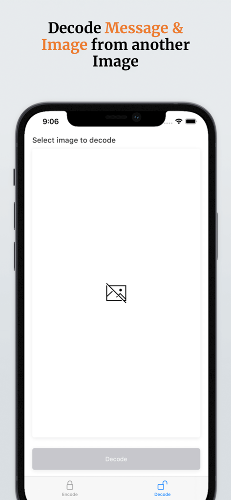 スマートフォン画面。ステガノグラフィーアプリのデコードインターフェースで、写真から隠されたメッセージや画像を抽出する