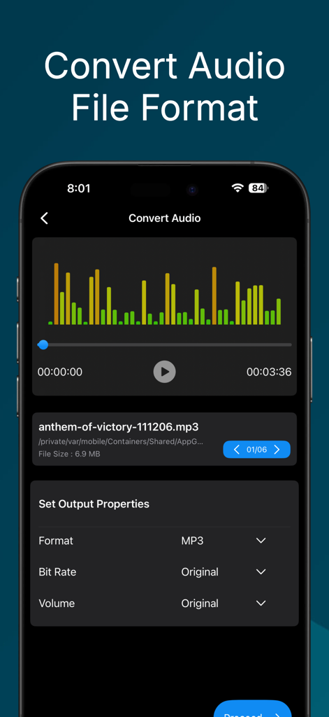 Audio Trimmer And Audio Joiner - Interfaz de la aplicación para convertir formatos de archivo de audio con configuraciones de propiedades de salida.