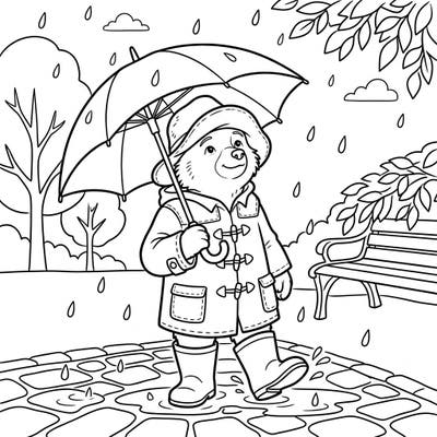 Embrace the charm of a rainy day with everyone's favorite bear from Peru! This delightful coloring page captures Paddington Bear in his iconic coat and hat, happily splashing through puddles with his trusty umbrella.