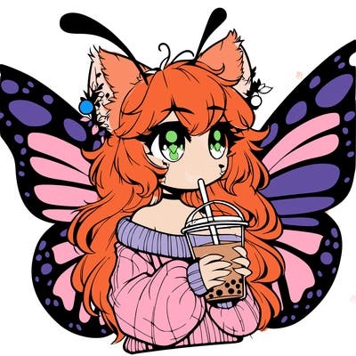 a realistic butterfly/furry girl drinking boba