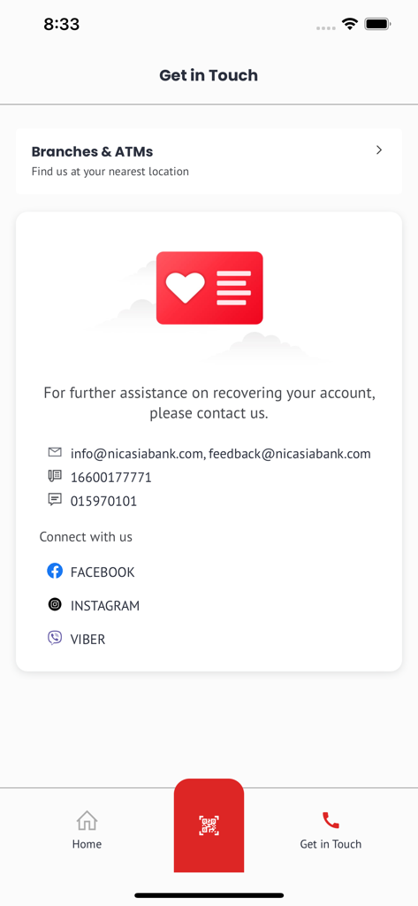 NIC ASIA MoBank app contact and support screen showing email phone numbers and social media links