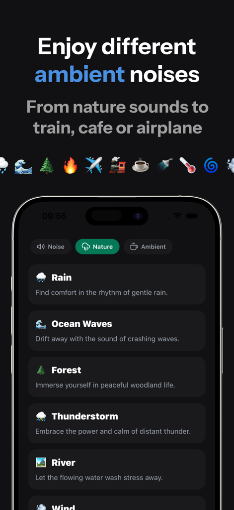 Selection of ambient nature sounds like rain and ocean waves in the White Noise app interface.