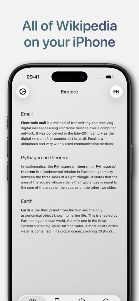 Omnipedia—Offline Encyclopedia - Omnipedia app showing offline Wikipedia articles on an iPhone screen