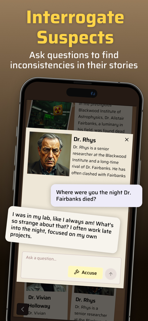 Krimi: Murder Mystery - A screenshot of the Krimi app showing an interrogation of an AI suspect named Dr. Rhys.