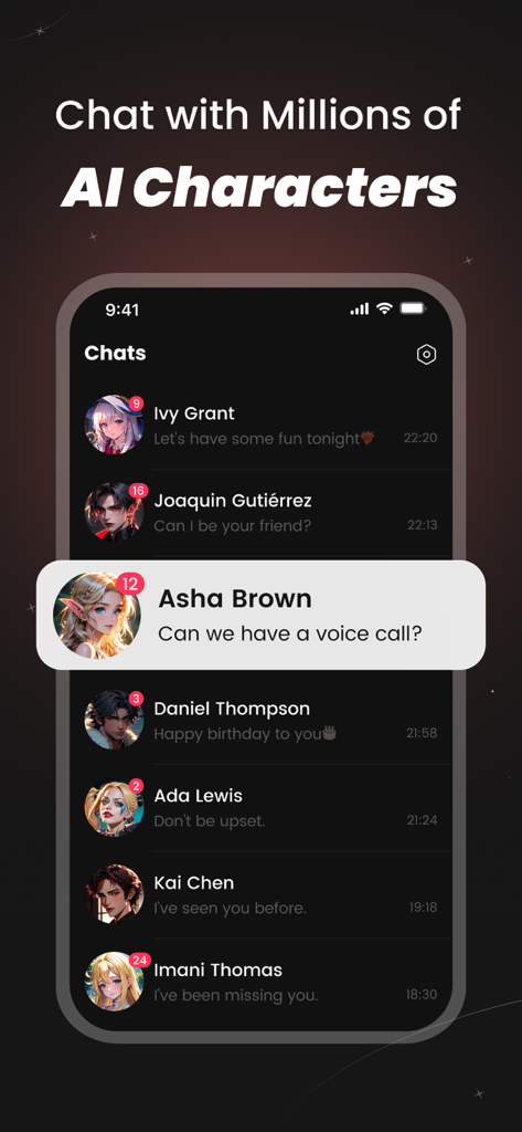 SynClub mobile app displaying a list of anime AI characters for chatting