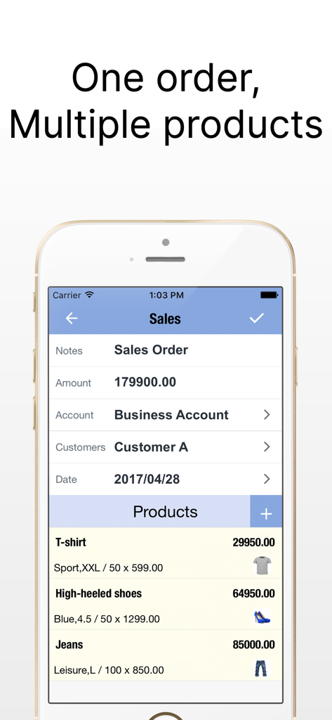 A mobile screen showing a sales order with multiple items including t-shirts, high-heeled shoes, and jeans.