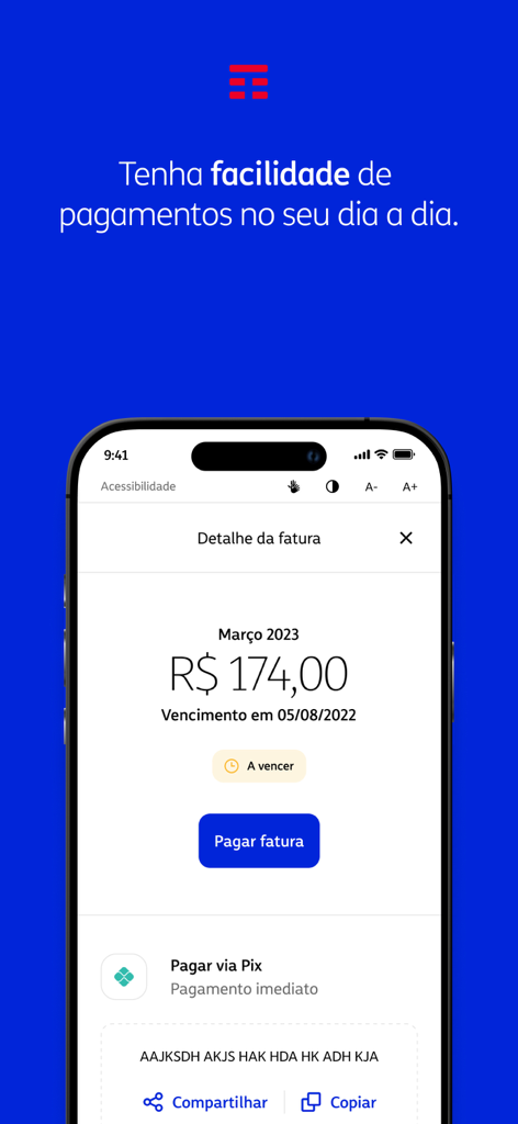 Pantalla de smartphone mostrando la página de detalles de facturación de la app Meu TIM con opción de pago vía PIX.