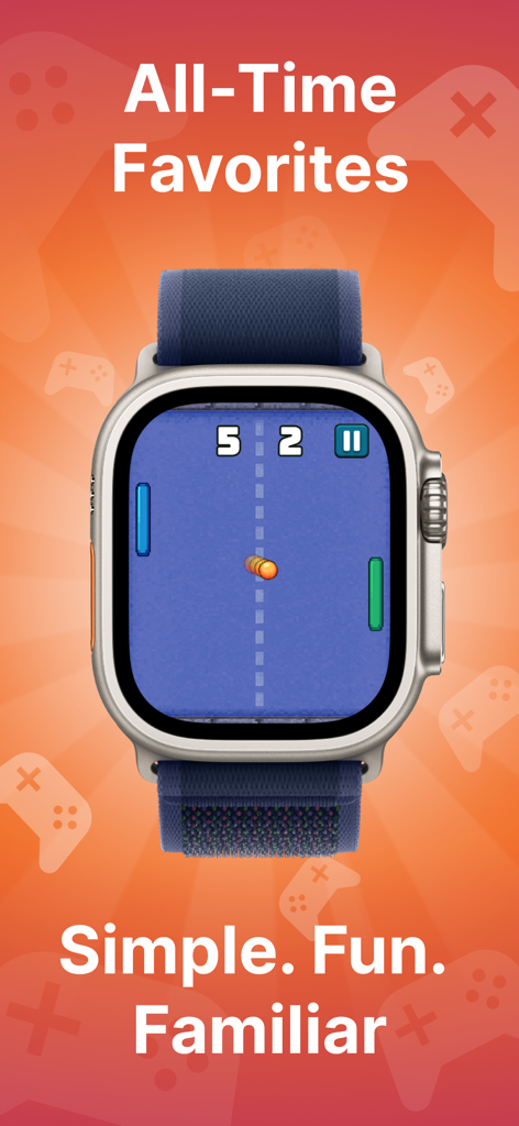 An Apple Watch displaying a retro Pong mini-game from the Games for Watch app collection.
