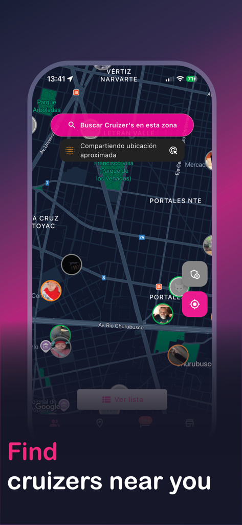 Cruizer - Cruizer app map showing profile icons of nearby users for spontaneous social connections