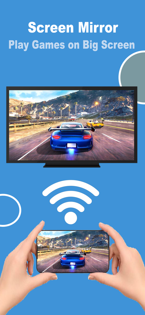 Persona duplicando un juego de carreras de coches desde un iPhone a un televisor inteligente Samsung.
