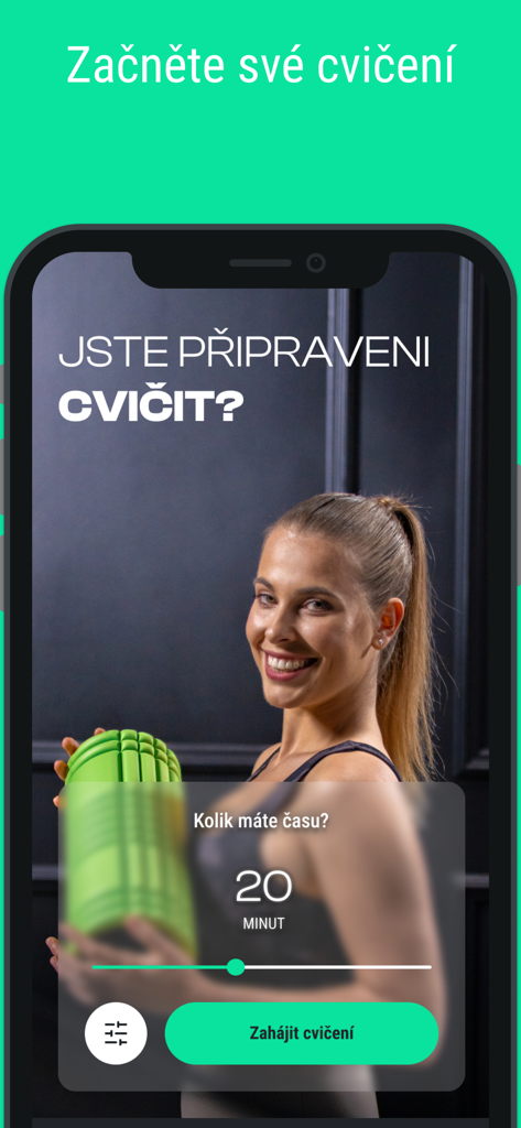 Kini - A woman holding a foam roller on the Kini app screen with a slider to select a 20 minute workout duration