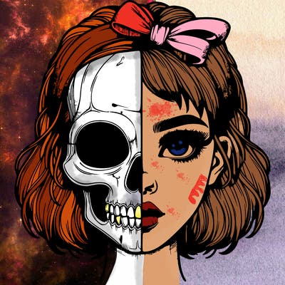 realistic girl with half skull mask