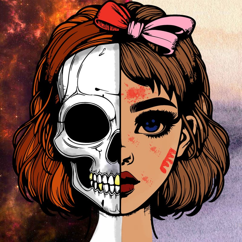 realistic girl with half skull mask