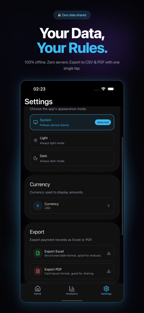 Last Payment: Bill Tracker - Pantalla de configuración de la aplicación Last Payment mostrando opciones de privacidad de datos y funciones de exportación de archivos