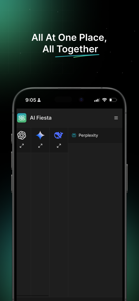 AI Fiesta - AI Fiesta mobile app interface showing side by side columns for different AI models like ChatGPT Gemini and Perplexity