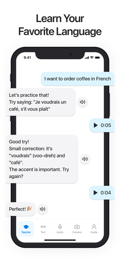 Interface do Tutor de Idiomas por IA no aplicativo Translate AI fornecendo feedback de pronúncia em francês