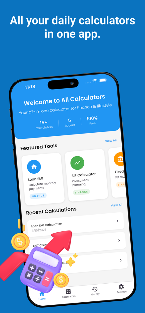 All In One Calculators - Panel principal de la aplicación Calculadoras Todo en Uno que incluye herramientas de EMI de préstamos y SIP para la planificación financiera.