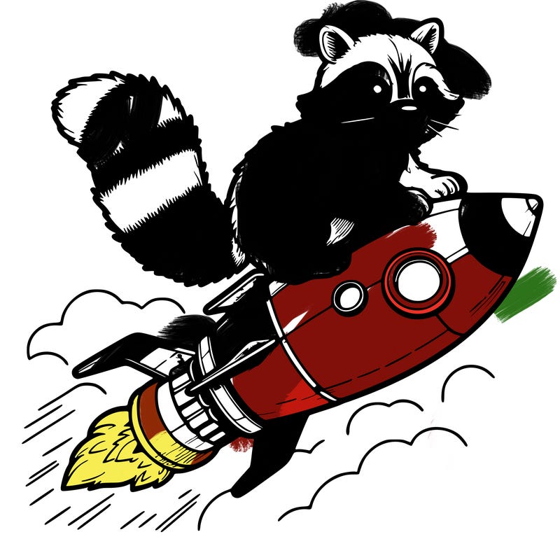 realistic raccoon flying on top rocket ship