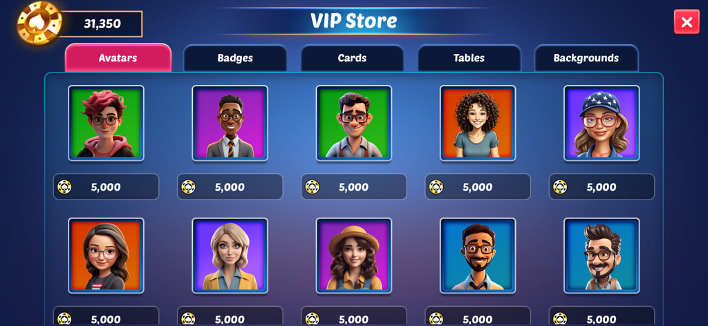 Spades Bid Whist: Card Games - Tienda VIP en la aplicación Spades Bid Whist con una variedad de avatares de personajes para que los jugadores compren.