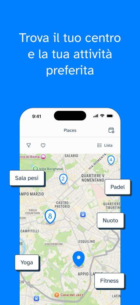 Mobile app screen displaying a map with nearby gym and sports activity locations including Padel and Yoga