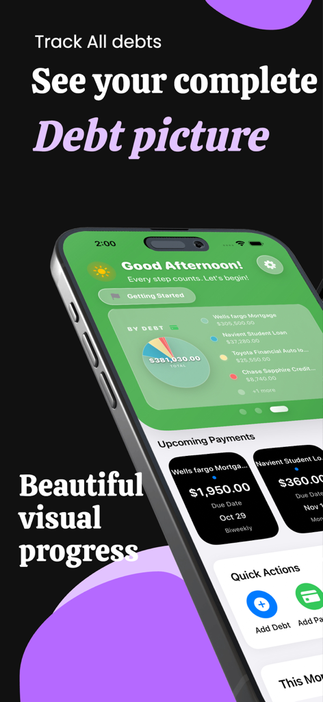 DebtZero - Debt Payoff Planner - Panel de la aplicación móvil DebtZero que muestra un gráfico de resumen de deudas y recordatorios de próximos pagos