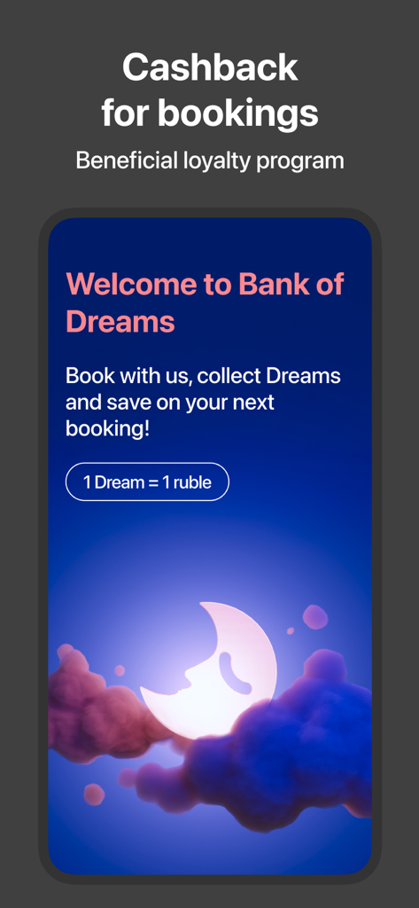 Ostrovok Komandirovki - Ostrovok Business Trips App Loyalty-Programm-Bildschirm mit Hervorhebung der Bank of Dreams Cashback-Prämien.