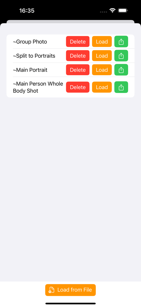 Cropifix - Cropifixアプリのインターフェース、グループ写真やポートレート分割などのAIクロッピングプリセットと、ロードおよび削除ボタンを表示