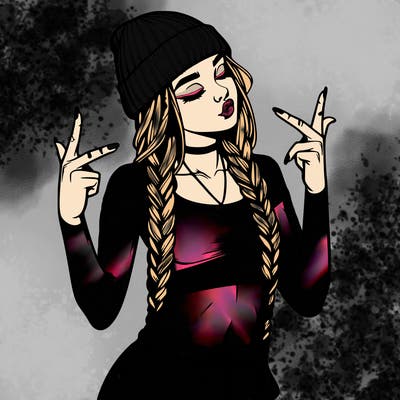 realistic teenage girl with braids and a beanie and crop top doing 🫶🏼