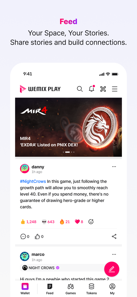 Interface of the WEMIX PLAY app showing the community feed with gaming news and user discussions