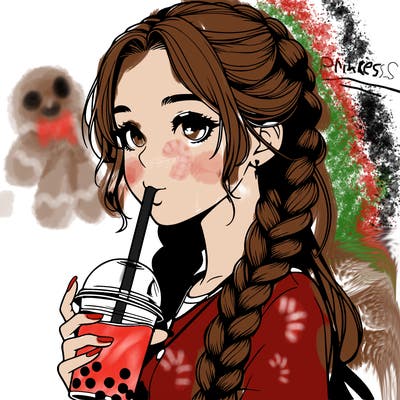 realistic girl with braided hair drinking boba