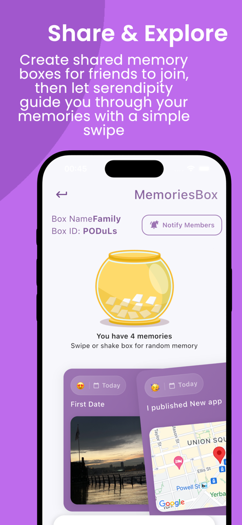 MemoriesBox - Couple Journal - Interface of MemoriesBox app showing a shared family memory box with a digital memory jar and location maps.