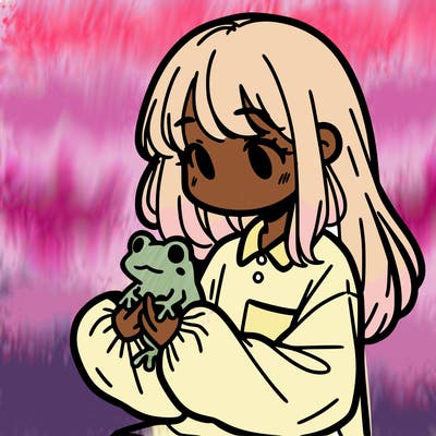 girl with long hair and a oversized shirt. and she is holding a frog