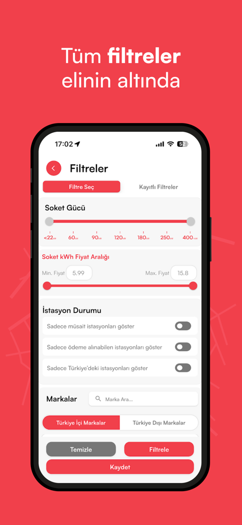 Voltla app screen showing filters for electric vehicle charging stations including power and price
