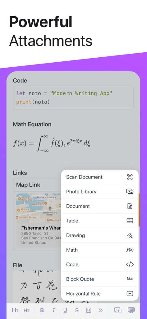 Captura de pantalla de la app Noto destacando sus potentes funciones de adjuntos como bloques de código y ecuaciones matemáticas.