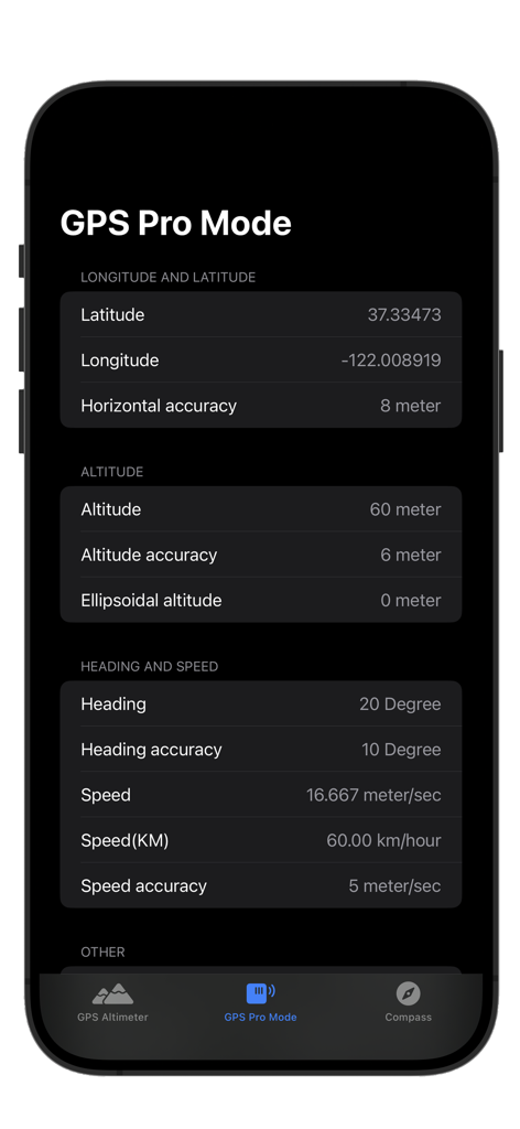 Screenshot of the GPS Altimeter app in Pro Mode displaying detailed latitude, longitude, altitude, and speed data.