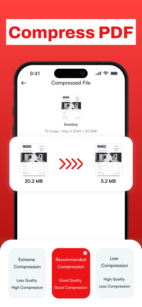 PDF Maker - PDF Converter . - Interfaz de la aplicación PDF Maker que muestra la herramienta para reducir el tamaño de los archivos PDF con diferentes niveles de calidad de compresión.