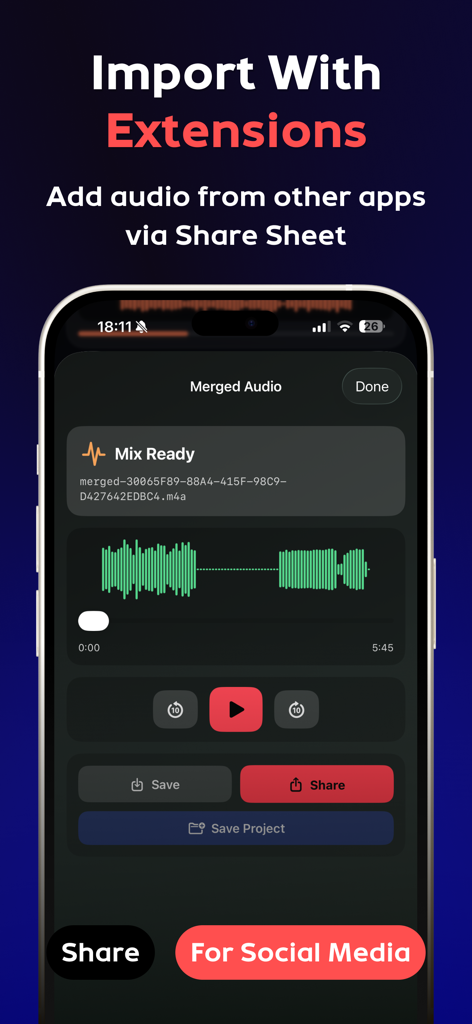 Pantalla de aplicación móvil que muestra cómo importar audio a través de la hoja de compartir y compartir clips unidos en redes sociales.