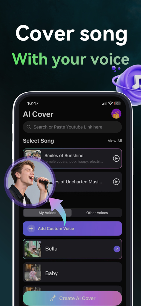Songdio - AI Music Video Maker - Smartphone-Bildschirm, der die KI-Cover-Funktion in der Songdio-App mit Optionen zum Hinzufügen benutzerdefinierter Stimmen anzeigt