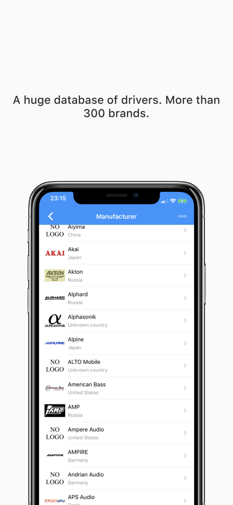 Smartphone screen showing a long list of speaker manufacturers and brands in the Speaker Box Lite app database.