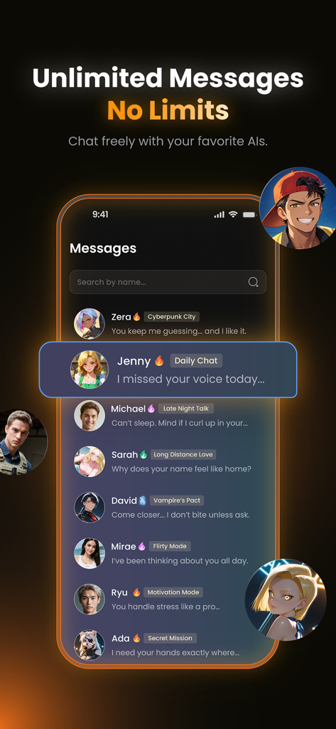 Smartphone screen showing a message inbox with multiple AI character profiles and chat previews in the Foxy app