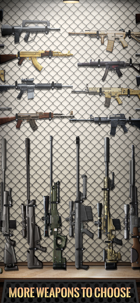3D Modern Sniper - Una vasta colección de rifles de francotirador y armas de asalto 3D mostradas en la pared de un arsenal