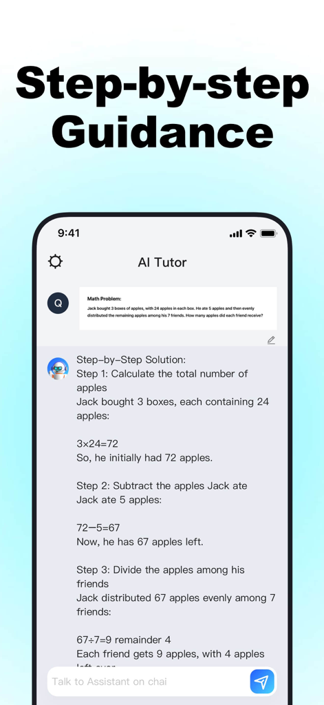 Quiz AI - AI Study Companion - Screenshot of Quiz AI app showing an AI tutor providing step by step guidance for a math word problem