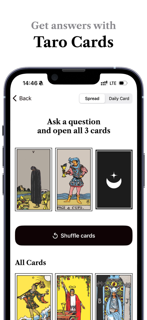 Luna: Your Moon Calendar - Luna-App-Oberfläche, die eine Drei-Karten-Tarotlegung mit Misch-Button und Kartenbibliothek anzeigt