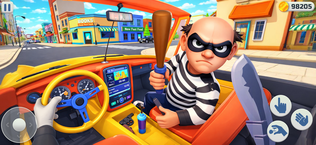 I Am Crazy Taxi Driving Game - A first-person view from inside a cartoon taxi showing an angry masked passenger holding a baseball bat.