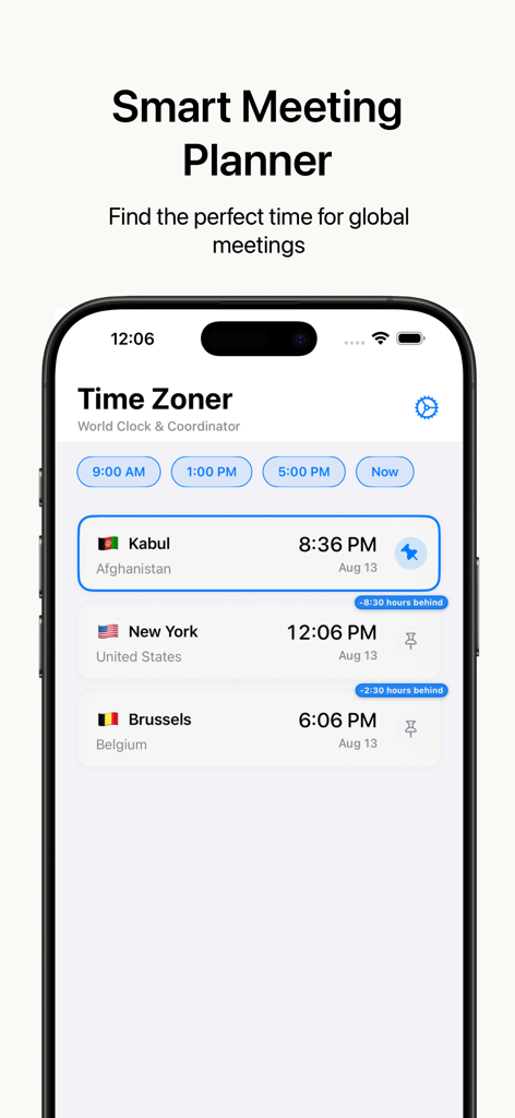 TimeZoner: World Clock - Interfaccia dell'app TimeZoner che visualizza orologi mondiali e pulsanti di selezione rapida dell'ora per la pianificazione di riunioni globali.